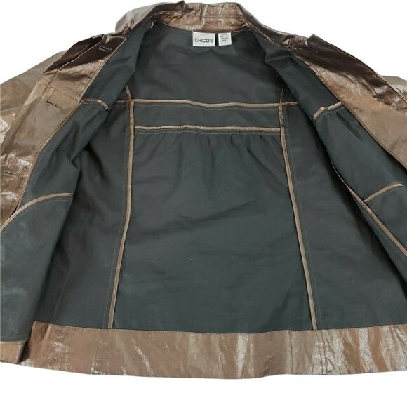 CHICOS 1 ( M ) Glossy Brown Coated Linen Casual Jacket 1/2 Sleeve FLAWS - Picture 2 of 10